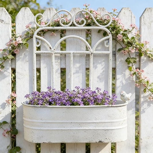 Rustic Metal Wall Planter Vintage Wall Mounted Flower Pot Distressed Wall Hanging Plant Basket Farmhouse Wall Decor for Indoor Outdoor Garden Home Yard (White)
