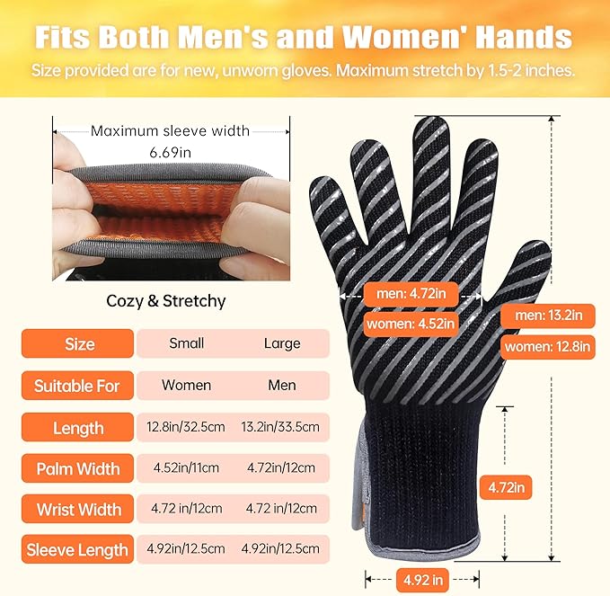 HandLove BBQ Gloves, Oven Gloves with Fingers –1472℉ Heat Resistant Gloves for Grilling | Aramid Retardant Non-Slip Grip, Bamboo-Lining Fire, Black,M