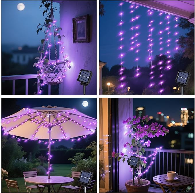 Solar Waterfall Fairy Bunch Lights Outdoor Waterproof 200LEDs 8 Modes Watering Can Light , Purple Solar Powered String Lights Firefly Vine Christmas Tree Garden Decorations Gardening Gifts For Mom