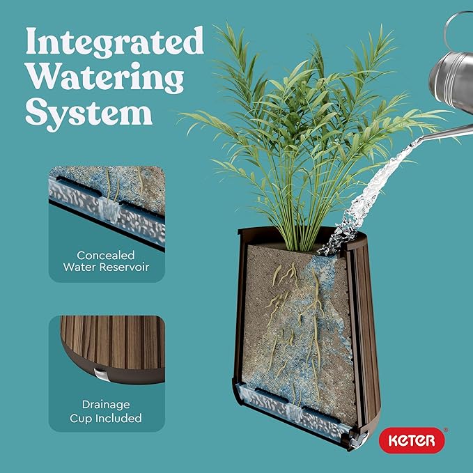 Keter Signature Conic 28.5 Inch Tall Round Large Wood Look Planter for Indoor or Outdoor Flower Pot Ideal for Patio Deck and Front Porch Decor, Rosewood