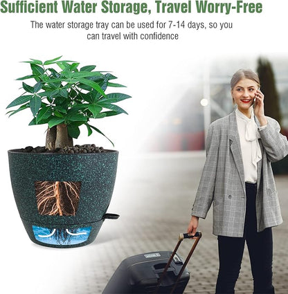 12 inch Large Self Watering Pots, Plastic Planters with 60oZ Removable Deep Reservoir and Multi Mesh Drainage Holes for Indoor Outdoor Garden Plants and Flowers, Black with Green Speckles