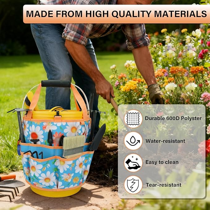 KUNN 5 Gallon Bucket Organizer 18-Pocket Tool Bag with Hangable Handle | Heavy-Duty Garden Caddy & Bucket Accessory for Gardening Tools, Orange