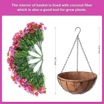 Artificial Silk Flowers Hanging Basket for Outdoor Indoor, Daisy with Eucalyptus Leaves Arrangement for Garden Yard Spring Summer Decor, Faux Green Plant in Metal Coconut Lining Pot(Red Purple)