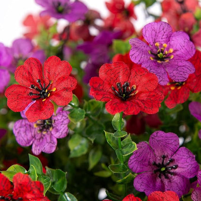 Artificial Silk Flowers Hanging Baskets Outdoors Indoors, Daisy with Eucalyptus Leaves Arrangement for Garden Yard Spring Summer Decor Faux Green Plant Metal Coconut Lining (Red Purple Red Brown)