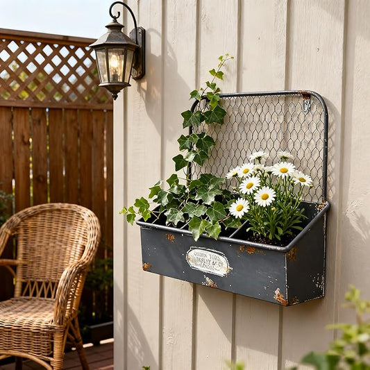 Rustic Metal Wall Mounted Planter Vintage Hanging Flower Pot with 3 Compartments Farmhouse Plants Holder Succulents Tubs for Garden Railing Fence Patio Yard Outdoor Decor