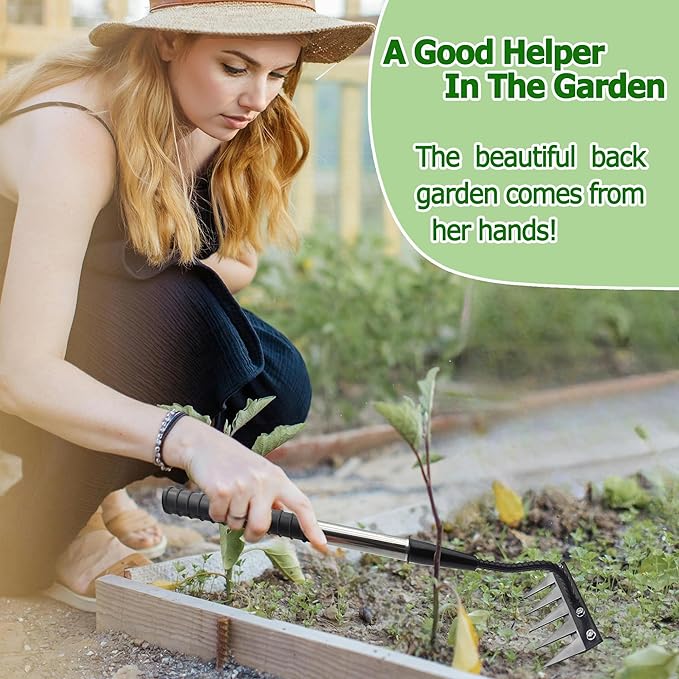 Forged Iron Weeding Rake,Gardenia 2.0 Iron Weed Rake with Long Handle,Thickened 5 Teeth Carbon Steel Garden Weeding and Leaf Removal Tools