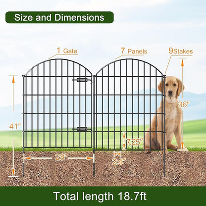 Metal Garden Fence with Gate 36in (H) x 18.7ft (L), 1 Gate+7 Panels Dog Fence Border Fence Animal Barrier, No Dig Garden Fencing for Yard Flower Bed Lawn Patio Outdoor,ECG3508,Black