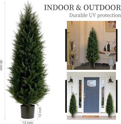 Artificial Topiary Tree Set of 2 Artificial Cedar Trees 4FT Uv Resistant Pine Potted Artificial Plants Outdoor Realistic Fake Plants Front Porch Decor Indoor Faux Cypress Trees