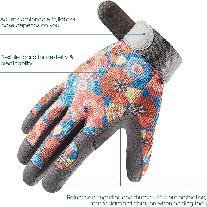 COOLJOB Small Gardening Work Gloves for Women Ladies, Thorn Proof for Rose Pruning, Cactus Handling, Blackberry Bush Planting, Puncture Resistant Anti-Slip Flexible, 1 Pair S Floral Orange