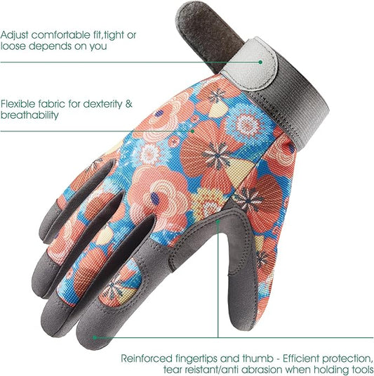 COOLJOB Small Gardening Work Gloves for Women Ladies, Thorn Proof for Rose Pruning, Cactus Handling, Blackberry Bush Planting, Puncture Resistant Anti-Slip Flexible, 1 Pair S Floral Orange