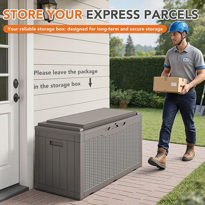 110 Gallon Deck Box Outdoor Indoor Waterproof Storage Box for Patio Furniture, Pool Accessories, Garden Tools, and Cushion Storage, Coffee