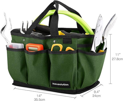 Housolution Gardening Tote Bag, Deluxe Garden Tool Storage Bag and Home Organizer with Pockets, Wear-resistant & Reusable, 14 Inch, Dark Green