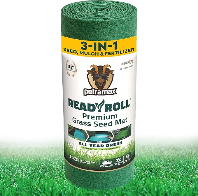 Petramax ReadyRoll Biodegradable Grass Seed Mat for Lawn (108 ft.) - All Year Green 3-in-1 Tall Fescue & Kentucky Grass Seed Rolls w/Mulch & Fertilizer - Lawn Repair Patch - Just Roll, Water, Grow