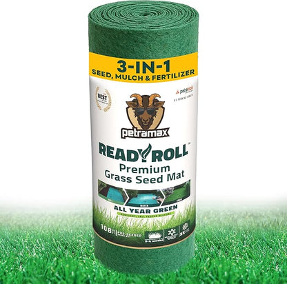 Petramax ReadyRoll Biodegradable Grass Seed Mat for Lawn (108 ft.) - All Year Green 3-in-1 Tall Fescue & Kentucky Grass Seed Rolls w/Mulch & Fertilizer - Lawn Repair Patch - Just Roll, Water, Grow