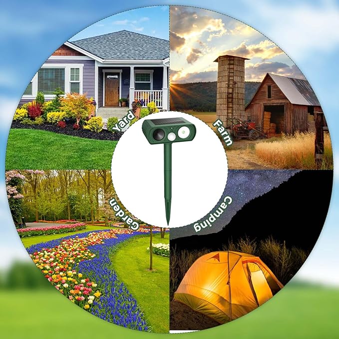2026 Upgraded Solar Ultrasonic Animal Repellent Outdoor, Deer Repellent Devices Squirrel Cat Raccoon Rabbit Dog Deterrent, Keep Rodent Away Motion Detection with Flash Light for Yard Garden Lawn