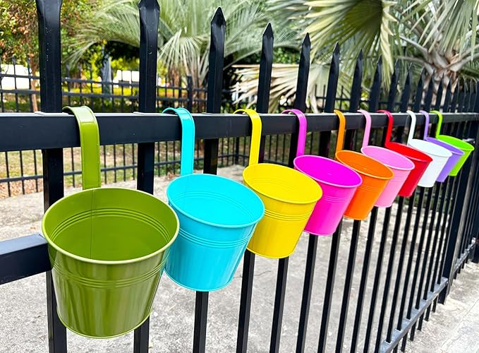 6 Inch Hanging Planters for Outdoor Plants, 10 Pack Metal Railing Planter, Rail Balcony Fence Flower Pot with Detachable Hooks, Colorful Garden Decor (Multi-Color, Pack of 10)