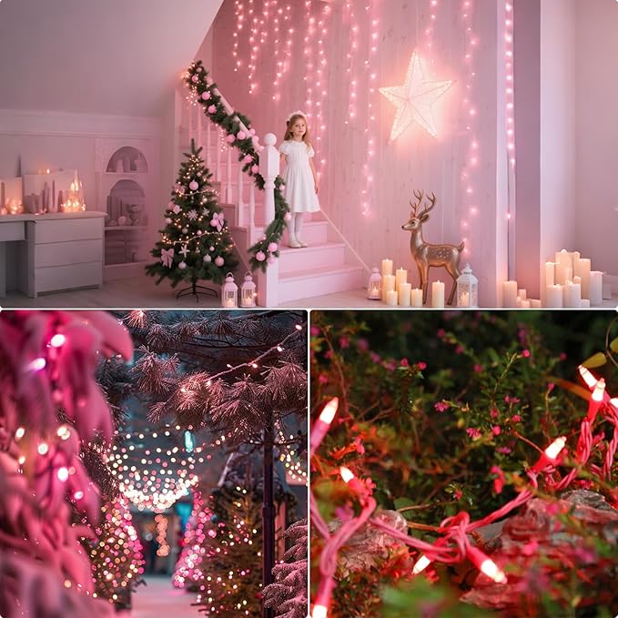 Vigdur 2 Pack 13ft 50 Count Outdoor String Lights on Pink Wire Cord, UL Approved for Indoor/Outdoors Use, Connectable 120V Clear Outdoor Lights for Xmas Patio Home Party Garden Decor(Pink)