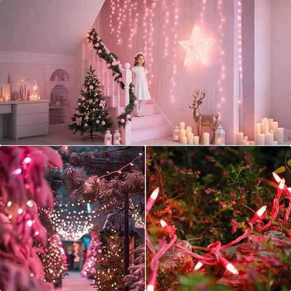 Vigdur 2 Pack 13ft 50 Count Outdoor String Lights on Pink Wire Cord, UL Approved for Indoor/Outdoors Use, Connectable 120V Clear Outdoor Lights for Xmas Patio Home Party Garden Decor(Pink)