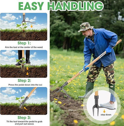 Weed Puller-Stand Up Weed Puller Tool,Adjustable 44-31.5" Bamboo Handle with Heavy Duty 4-Claw Cast Steel Head - Foot Step Design, No Bending Required - Garden & Yard Weeder