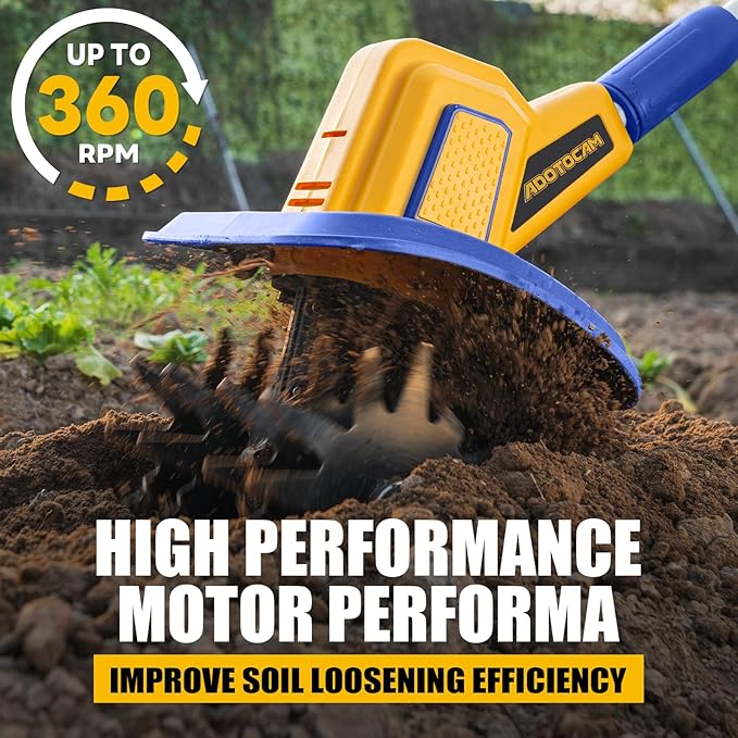 Cordless Tiller Cultivator Compatible with Dewalt 20V Battery(Tool Only), 360RPM Battery Powered Garden Cultivator, 9In Tilling Width & 7In Depth Tiller for Gardening