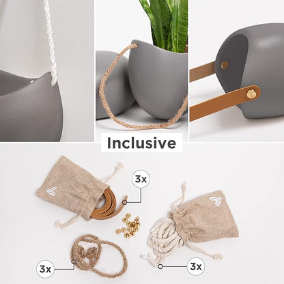 Kazai. Wall Planters -Ellie- | Hanging Ceramic Plant Pots 3 Pieces | Wall Decoration for Indoors, Balcony and Garden | Grey (Matte)