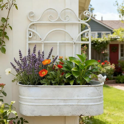 Rustic Metal Wall Planter Country Garden Wall Hanging Mount Vase Pocket Outdoor Vintage Hanging Pot Farmhouse Wall Decor for Plants Flowers (White)