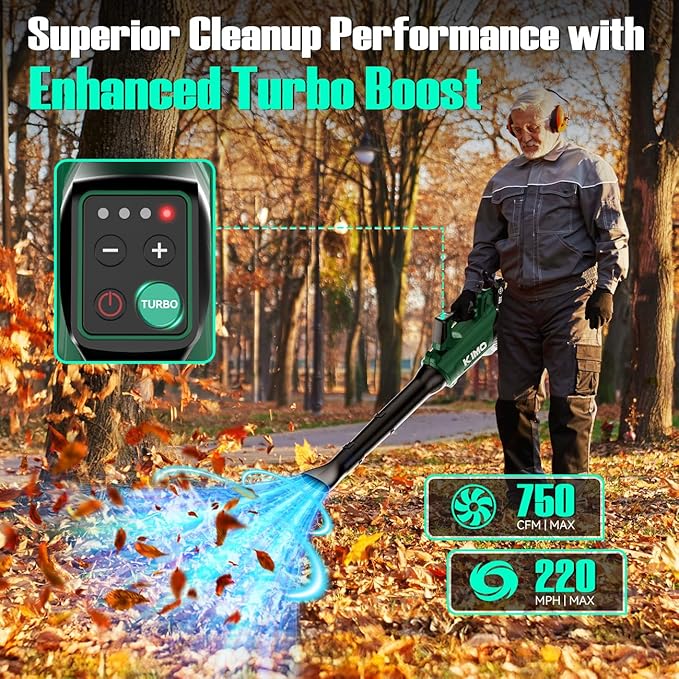 KIMO Cordless Leaf Blower with Battery and Charger, 750CFM 220MPH, 4 Speeds w/Turbo Mode, Brushless Motor, 3 Extended Tube, 2x4.0Ah Battery Powered Leaf Blowers for Lawn Care Patio Cleaning Wet Leaves