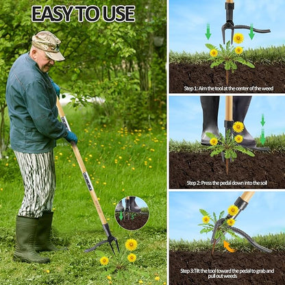 Weeder - Stand Up Weed Puller Tool with Long Handle - Real Bamboo & 4-Claw Steel Head Weeder Tool, Weeding Tool Weed Remove Tool for Lawn/Yard,Easily Remove Weeds Without Bending or Kneeling