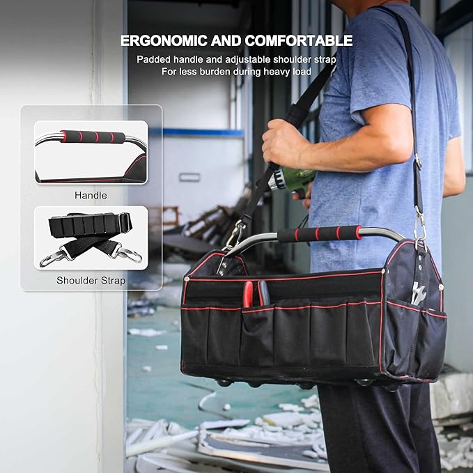 HAUTMEC 18 Inch Tool Bag, Foldable Open Top Tool Tote with 27 Pockets and Removable Partition, Heavy-Duty Electrician Tool Bag with Adjustable Shoulder Strap & Water-Resistant Molded Base – HT0020