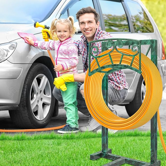 Garden Hose Holder, Heavy Duty Metal Water Hose Holders Hose Stand with 5 Spikes, Freestanding Hose Storage Rack Hose Hanger Holds 150ft Hose for Outside Yard Lawn Garden Decor (Retro Green)