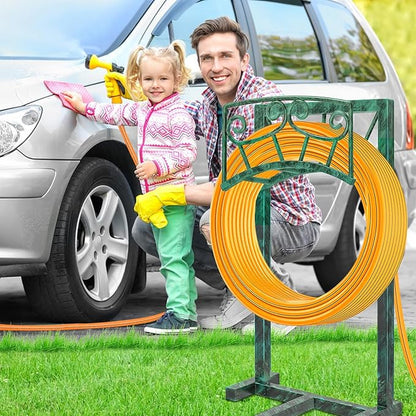 Garden Hose Holder, Heavy Duty Metal Water Hose Holders Hose Stand with 5 Spikes, Freestanding Hose Storage Rack Hose Hanger Holds 150ft Hose for Outside Yard Lawn Garden Decor (Retro Green)