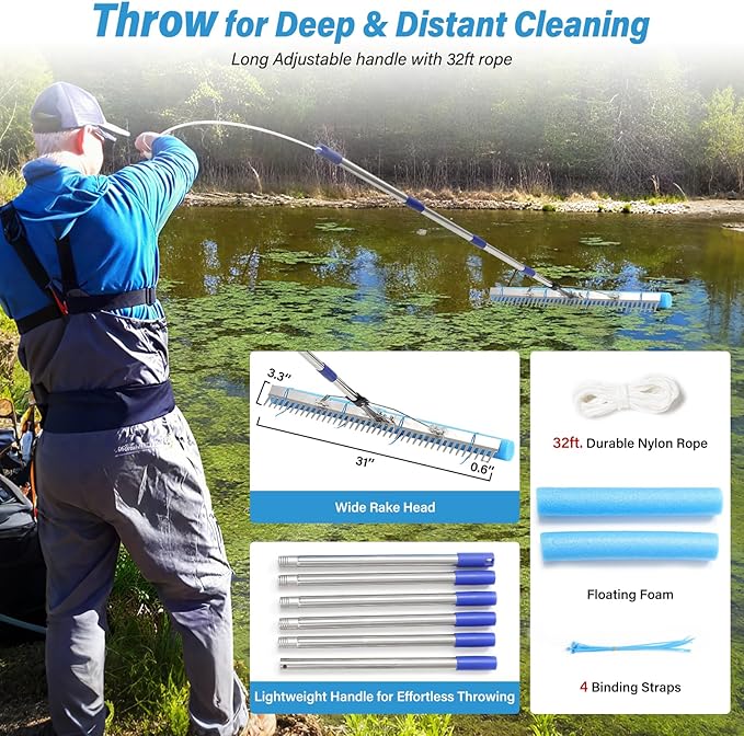 Aluminum Landscape & Lake Rake, 31'' Wide Heavy Duty Rakes for Gravel Driveway Leveling,Soil Loosening,Aquatic Weed,Algae Removal, Long Handle Landscaping Tool for Beach, Garden & Lawn Yard Cleaning