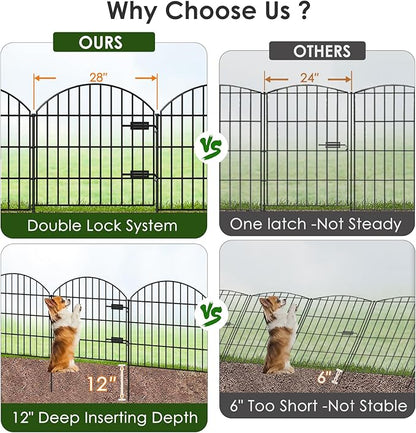 Metal Garden Fence with Gate 28in (H) x 18.7ft (L), 1 Gate + 7 Panels Dog Fence Border Fence Animal Barrier, No Dig Garden Fencing for Yard Flower Bed Lawn Patio Outdoor, ECG2829 Black