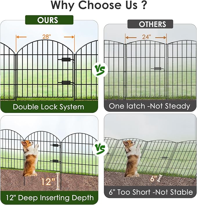 Metal Garden Fence with Gate 28in (H) x 37.3ft (L), 1 Gate + 15 Panels Dog Fences Border Fence Animal Barrier, No Dig Garden Fencing for Yard Backyard Landscape, ECG2816G Black