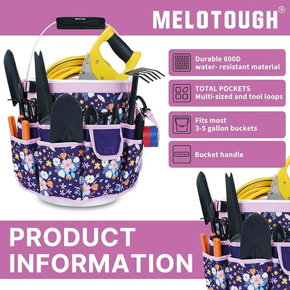 MELOTOUGH Bucket Caddy Organizer Bucket Tool Organizer for Garden Tools Fit 3.5 to 5 Gallon Bucket (Purple Flower)