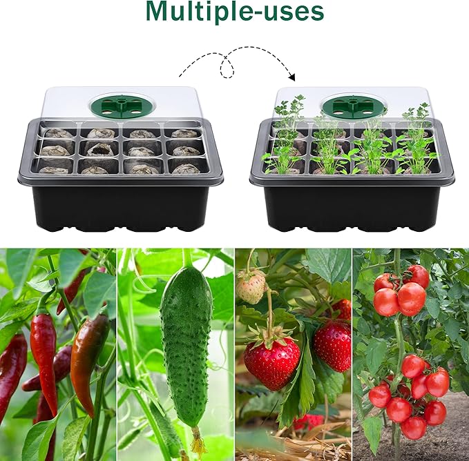 6 Pack Seed Starter Tray Kit with Grow Light and Humidity Dome Germination Trays with 72 Peat Pellets, Plant Labels, Gardening Tools, Plant Growing Trays for Seeds Growing Starting, Black