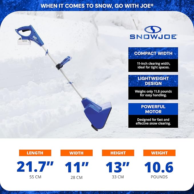 Snow Joe 24V Cordless Electric Shovel Kit w/ 4Ah Battery & Charger, 11″ Clearing Width, 400W Motor – Portable, Lightweight, Fast Ice & Snow Removal for Deck, Patio, Driveway, 24V-SS11