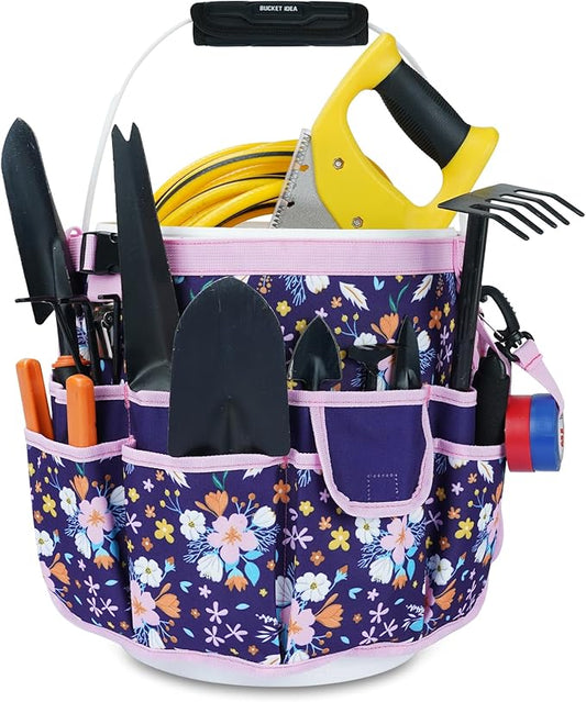 MELOTOUGH Bucket Caddy Organizer Bucket Tool Organizer for Garden Tools Fit 3.5 to 5 Gallon Bucket (Purple Flower)