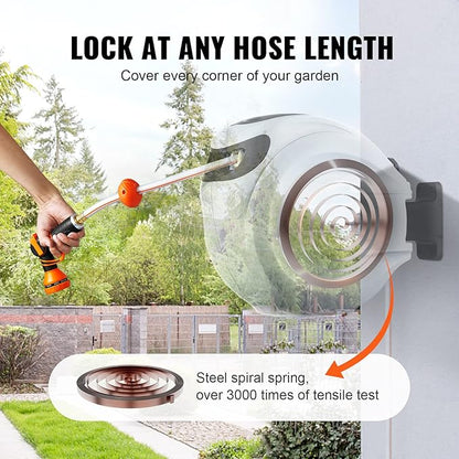 VEVOR Retractable Hose Reel, 65 ft x 5/8 inch, 180° Swivel Bracket Wall-Mounted, Garden Water Hose Reel with 9-Pattern Nozzle, Automatic Rewind, Lock at Any Length, and Slow Return System