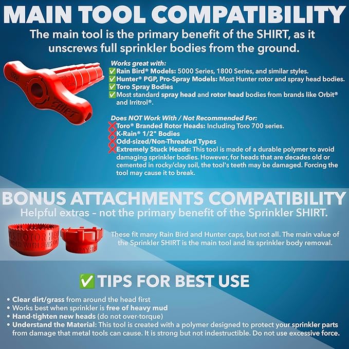 Sprinkler Head Removal Tool 4-in-1, Replace Your Sprinklers Without Digging in Under 2 Minutes, Most Brands Rainbird Toro Orbit Hunter K-Rain, Upgraded Tool Made in USA, Rust-Proof Sprinkler Shirt