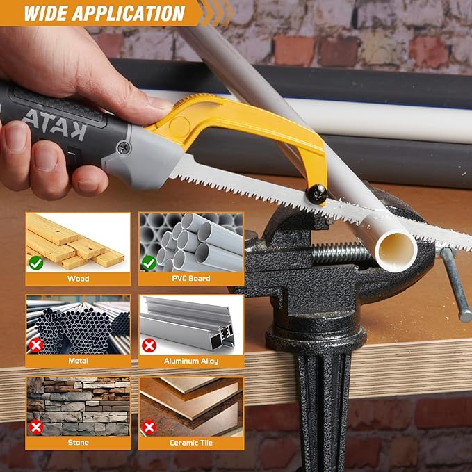 KATA Hacksaw, Compact Hand Operating Hack Saw with 10 Inch Aluminum Frame, 2 Piece Extra Flexible Bi-Metal HSS Blades and 1 Piece Woodworking Saw Blade, Suitable for Wood and Metal (Mini Hacksaw)