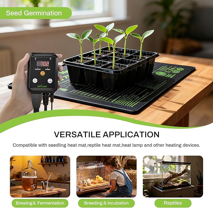 BN-LINK Reptile Thermostat Temperature Controller, Digital Heat Mat Thermostat for Seed Starting, Plant Germination, Greenhouse, Incubator, Brooder, Brewing, Reptiles Tank,40-108°F, 1000W, ETL Listed