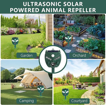 2 Pack 2025 Upgraded Solar Ultrasonic Animal Repellent Outdoor – Motion Activated Deer, Squirrel, Cat, Raccoon, Dog & Bird Deterrent with Multi-Frequency LED Strobe & Ultrasonic Sweep for Garden Yard