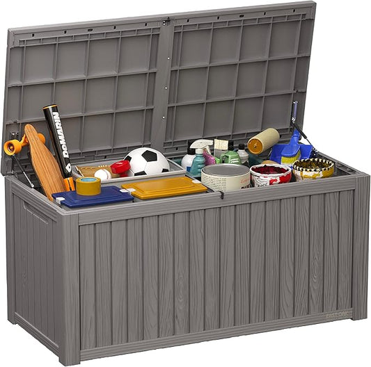 EAST OAK Outdoor Storage Box, 180 Gallon Deck Box, Large Resin Storage Bin for Patio Cushions & Gardening Tools, Lockable, Waterproof, UV Resistant, Grey