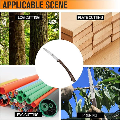 Folding Pruning Saw 10 Inch with Leather Sheath and Wenge Wooden Handle, SK5 Steel Blade, Foldable Hand Saw for Camping, Survival, Wood Cutting, Bushcraft and Tree Trimming