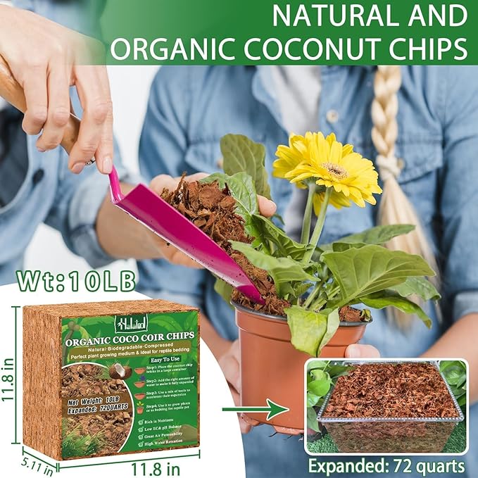 Halatool 10LBS Coco Coir Chips for Plants, 100% Compressed Organic Coco Husk with Low EC pH Balanced, Coconut Substrate Growing Mulch for Flowers, Garden, Orchids, Herbs,Landscaping