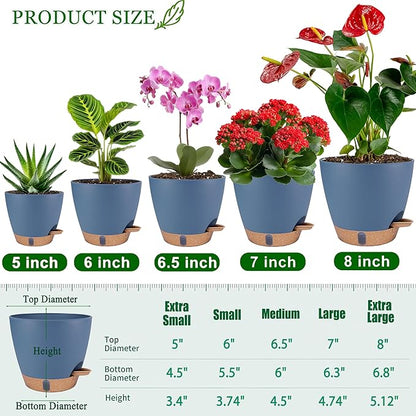 Self Watering Pots for Inoor Ourdoor Plants 8/7/6.5/6/5 Inch Plastic Planters with Drainage Holes & Water Level Indicator, Decorative House Flower Nursery Planting Pots with Saucers (Navy Blue)