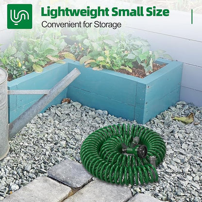 SPECILITE 3/8" Lightweight Coil Garden Hose 50 FT, EVA Flexible Curly Water Pipes with 6-Pattern Spray Nozzle for Boat, Greenhouse, Yard, Patio, Green