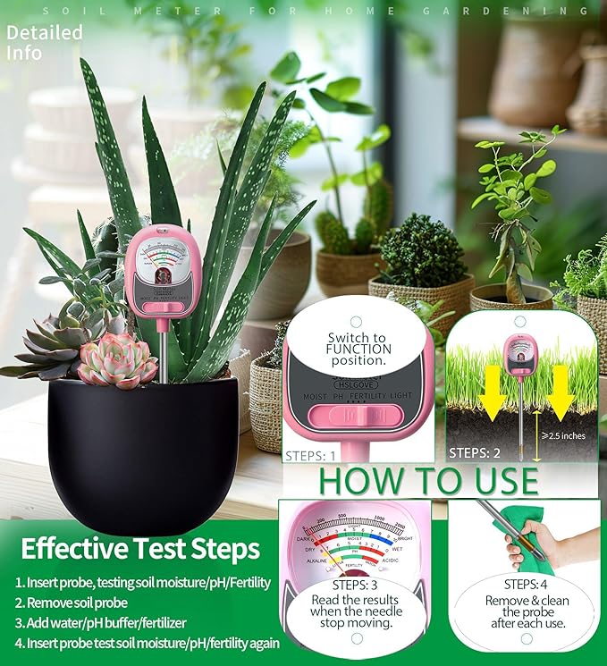 HSLGOVE 4-in-1 Soil Test Kit – Soil Moisture Meter, pH, Fertility & Sun-Light, No Battery Required, Large Dial Soil Tester for Indoor & Outdoor Gardening, Lawn, Farm – MilkPink