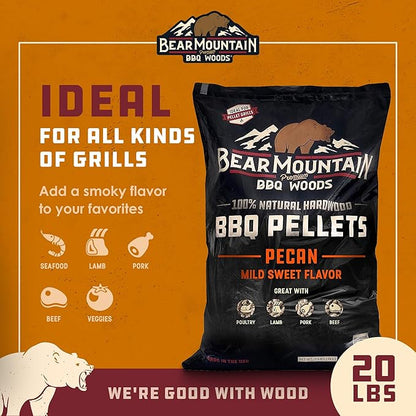 Bear Mountain All Natural Wood Pellets for Smoker, Grill & BBQ, 20 Lbs, Pecan